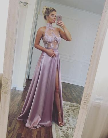 stylish lilac high neck lace side slit long prom dress, PD6547