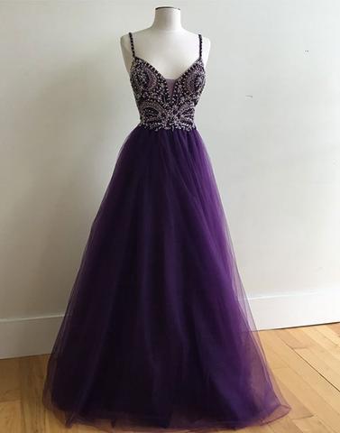 spaghetti straps A-line tulle beaded long purple prom dresses, BD7815