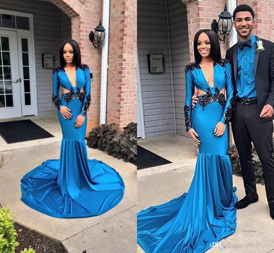 formal mermaid v-neck long sleeves long teal prom dress, PD5666