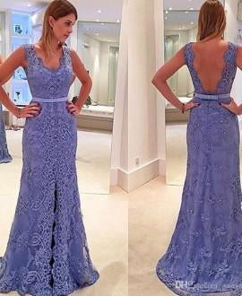 open back elegant purple lace long prom dress, PD5715
