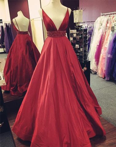 burgundy A-line long v-neck charming formal prom dresses, PD1470