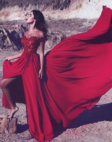 charming red chiffon off shoulder side slit long prom dress, PD4486