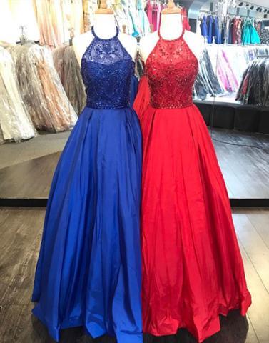 A-line Red Satin Halter Beaded Top Long Prom Dress | JLDressCA A-line Red Satin Halter Beaded Top Long Prom Dress | JLDressCA