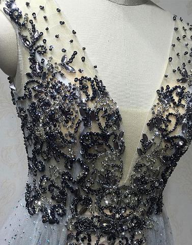 unique charming grey tulle beaded v-neck long prom dresses, PD5786