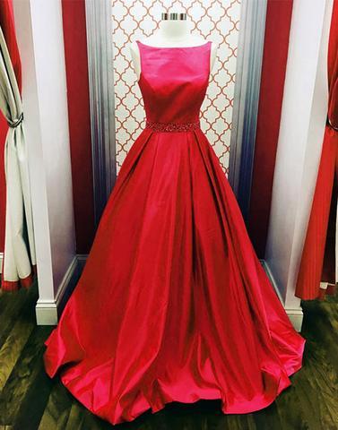 modest red satin A-line simple long prom dress, PD1480