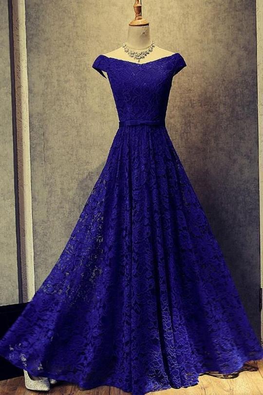 modest cap sleeves royal blue lace long prom dress, BD7675