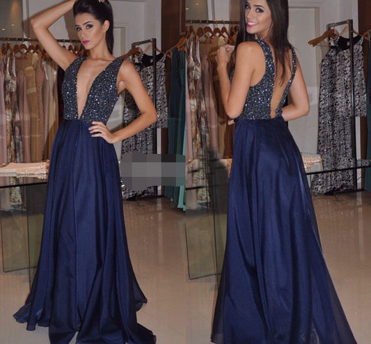 formal deep v-neck navy beaded long prom dress, PD6154