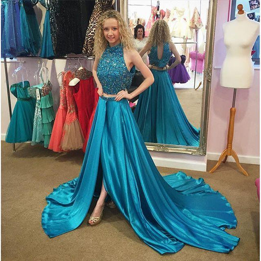 two pieces beaded teal side slit long prom dress, PD0116