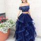 two pieces beaded off shoulder royal blue long prom dress, PD9975