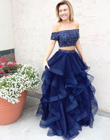 two pieces beaded off shoulder royal blue long prom dress, PD9975