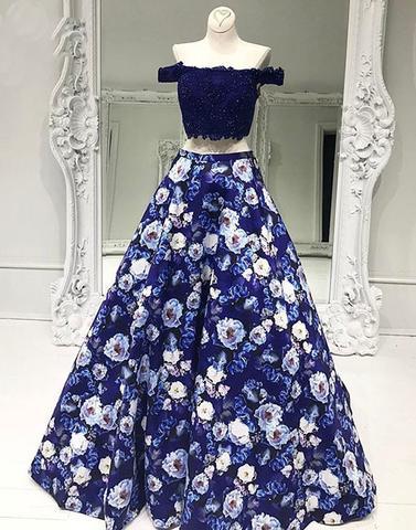 two pieces A-line off shoulder long charming flower prom dress, PD812