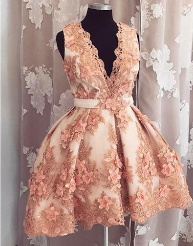 charming v-neck coral appliques short homecoming dresses, HD985