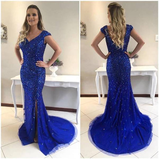 cap sleeves royal blue beaded side slit long formal prom dress, PD5456