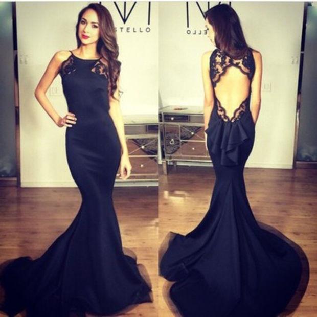 black prom dress, long prom dress, formal prom dress, open back prom dress, charming evening gown, BD47