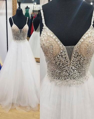 A-line spaghetti straps white tulle beaded long prom dresses, BD5222