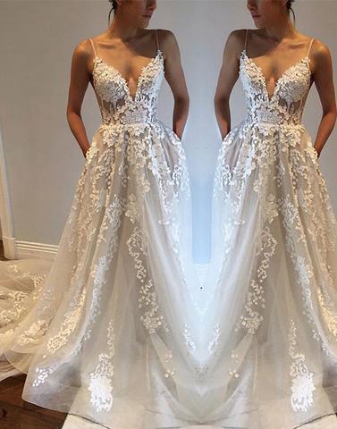 charming spaghetti straps ivory lace A-line long prom dress, PD7678