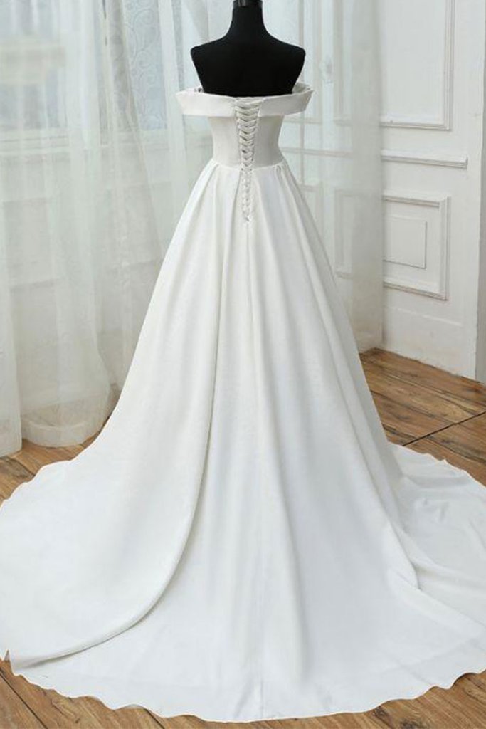 off shoulder white satin simple long prom dress, PD7550