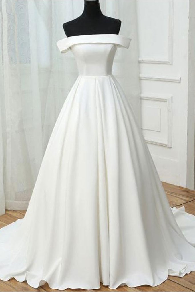 off shoulder white satin simple long prom dress, PD7550