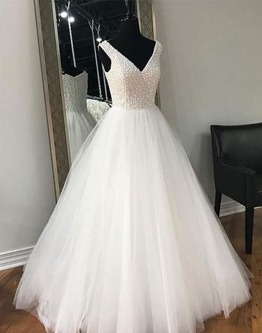 A-line white tulle beaded v-neck long wedding prom dress, PD5878