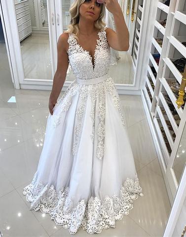2020 formal A-line v-neck White long princess prom dresses, PD6570