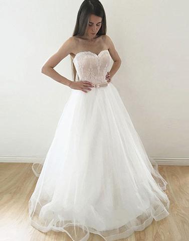 tulle white A-line sweetheart long prom dress, PD7680