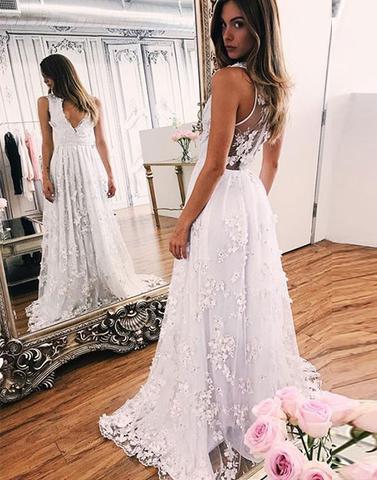 elegant v-neck white lace long prom dress, PD4155