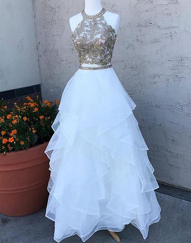 white two pieces beaded halter long prom dress, PD4485