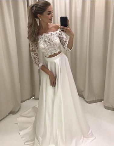 off shoulder two pieces white lace sleeves long prom dress, PD5880